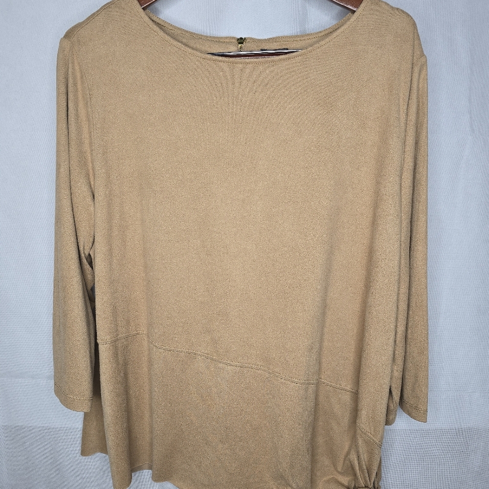 Chico's Travelers Faux Suede Top Tan Asymmetrical Side Tie 3/4 Sleeve XL